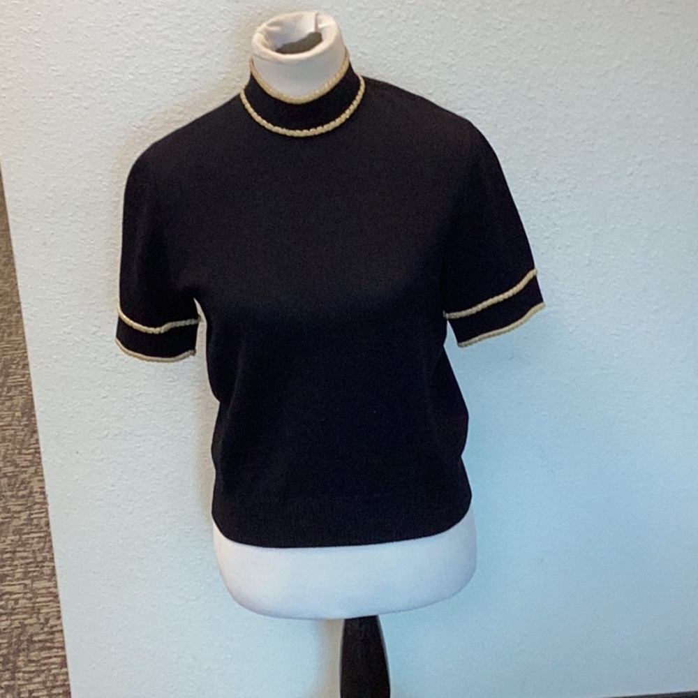 St. John Collection Vintage Black Short Sleeve Knit Top with Gold Trim
